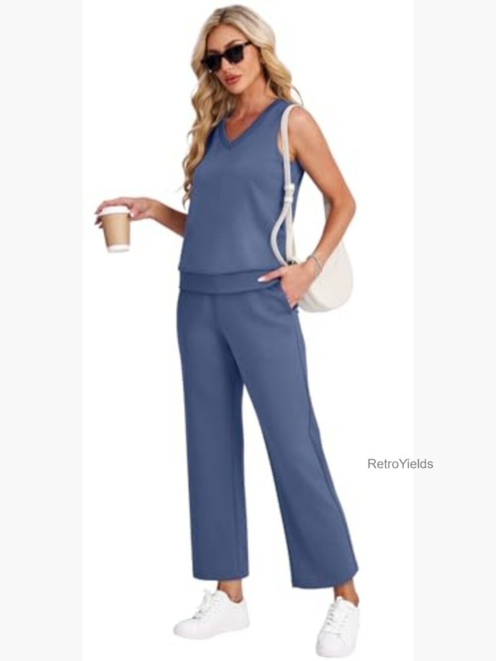 Two Piece Lounge Set - Summer V-Neck Matching Outfit - Picture 2 of 7
